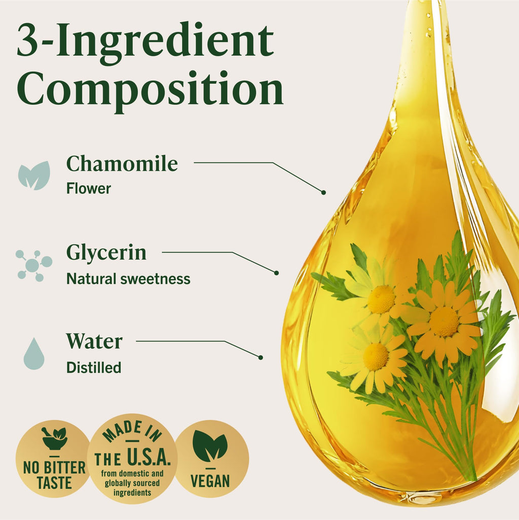 Organic chamomile flower extract drops package highlighting non GMO and sugar free certifications.