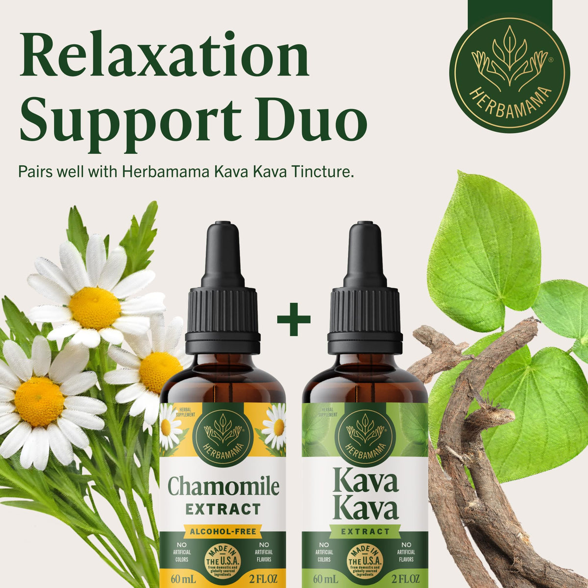 HERBAMAMA liquid calming drops bottle next to illustrated chamomile blossoms showing pure extraction.