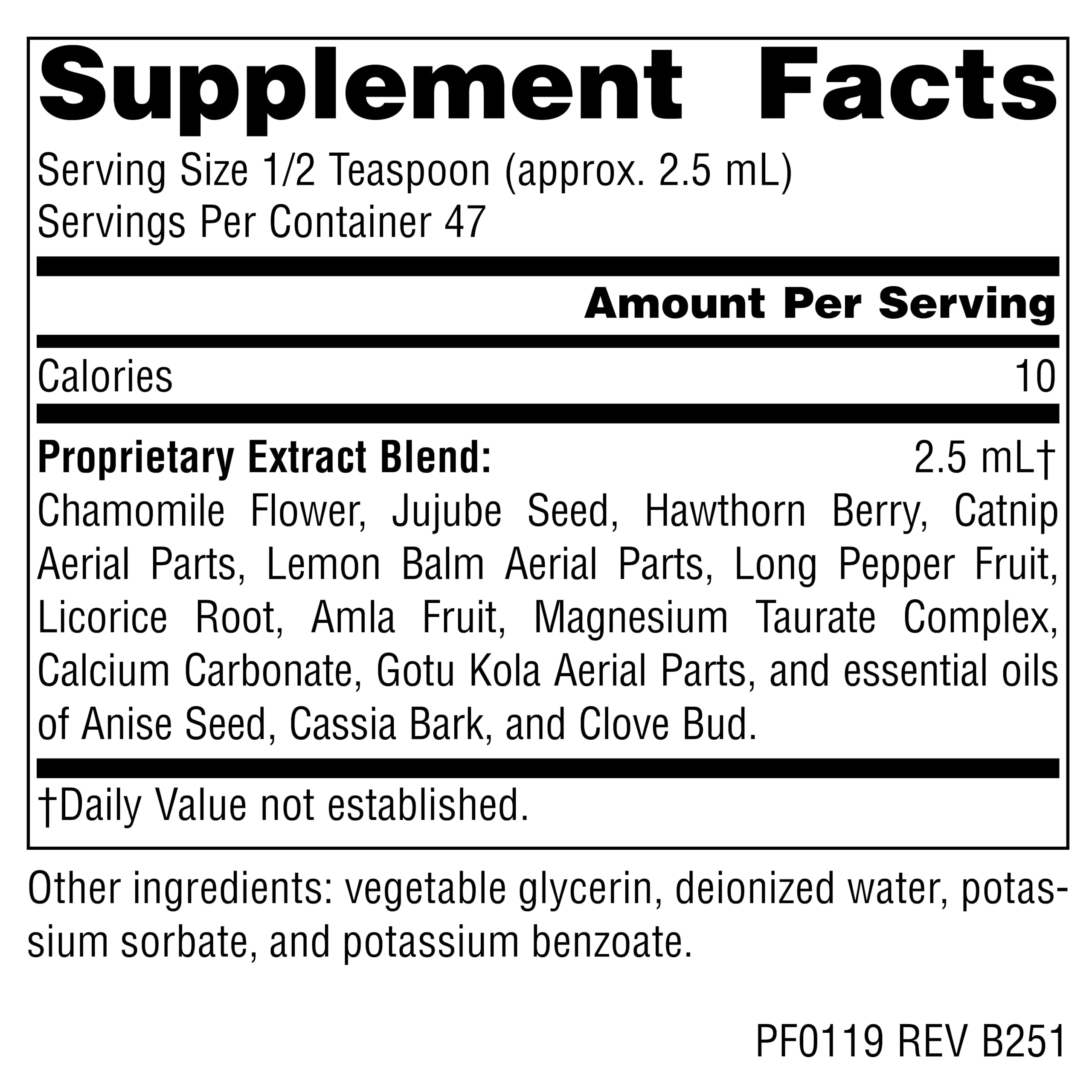 Side label view of Planetary Herbals Calm Child liquid supplement showing dosage instructions for ages 1 to 5 and above.