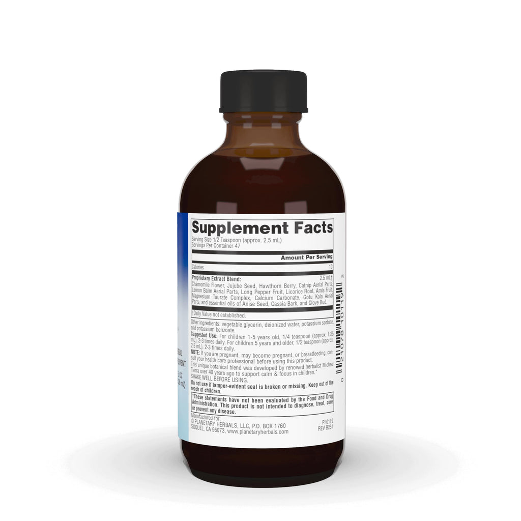 Back label view of imported kids calming syrup detailing full herbal ingredients including chamomile and lemon balm.