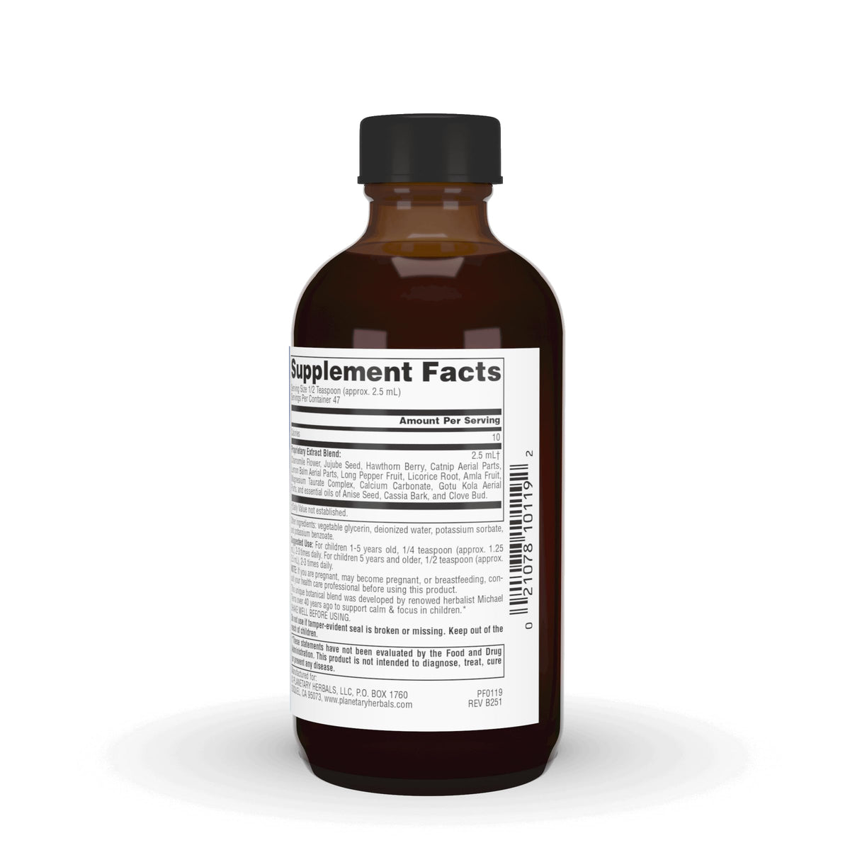 Planetary Herbals Calm Child 118ml amber bottle with dropper cap illustrating proper child supplement administration.