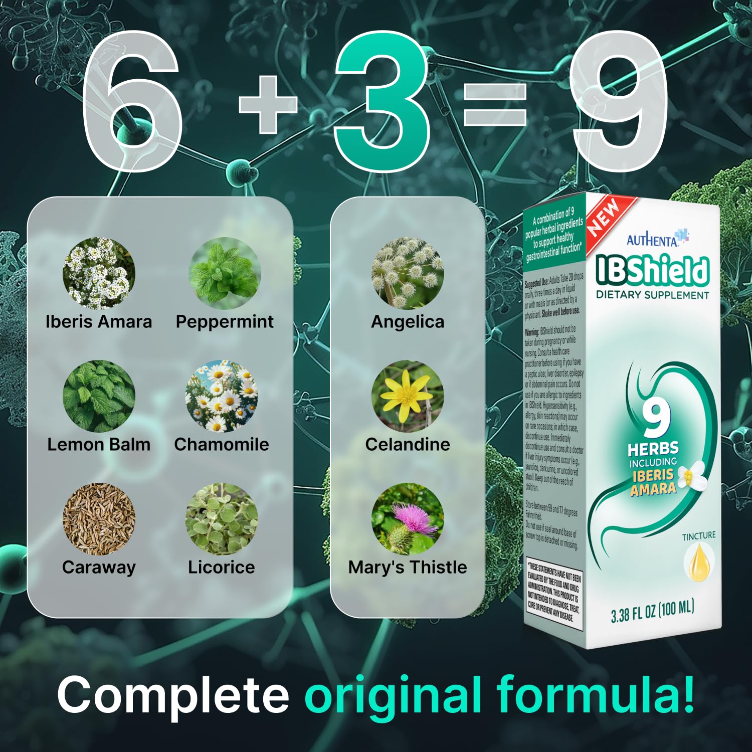 Authenta IBShield herbal liquid supplement showing nine herb ingredients list