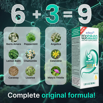 Authenta IBShield herbal liquid supplement showing nine herb ingredients list