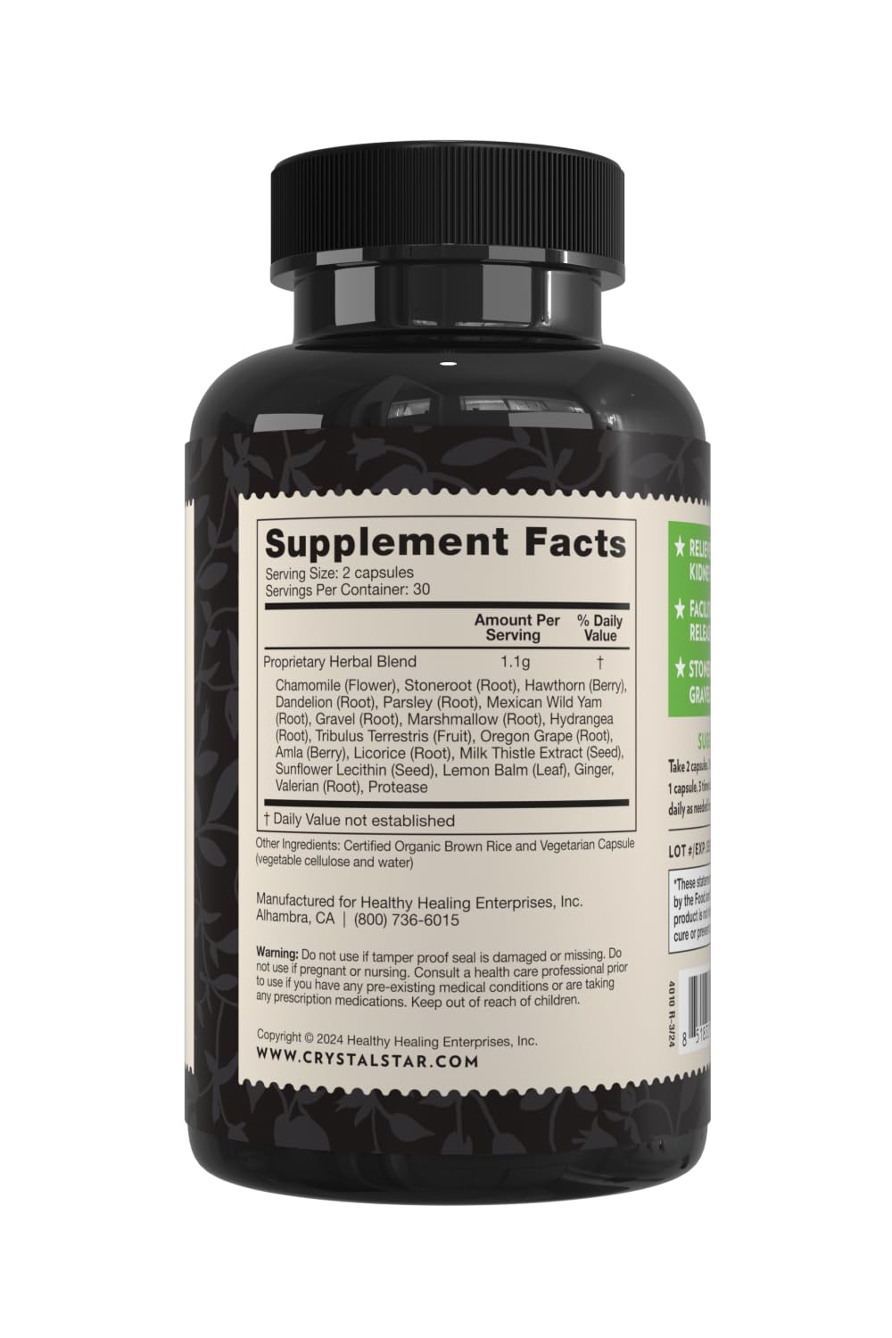 Side view of Crystal Star Kidney Care detox and flush capsules bottle showing non-GMO seal.