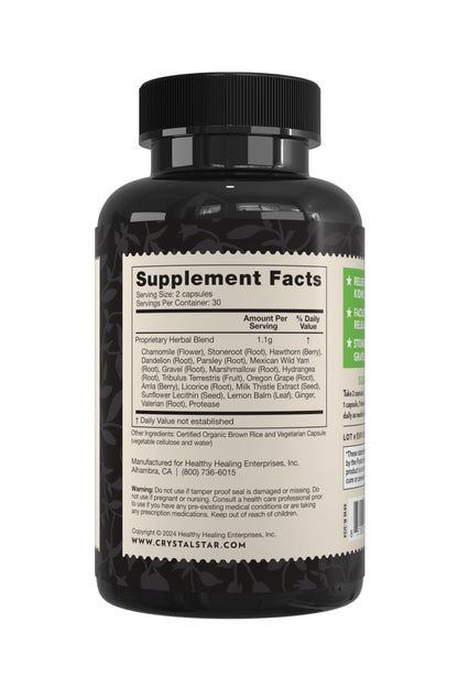 Side view of Crystal Star Kidney Care detox and flush capsules bottle showing non-GMO seal.
