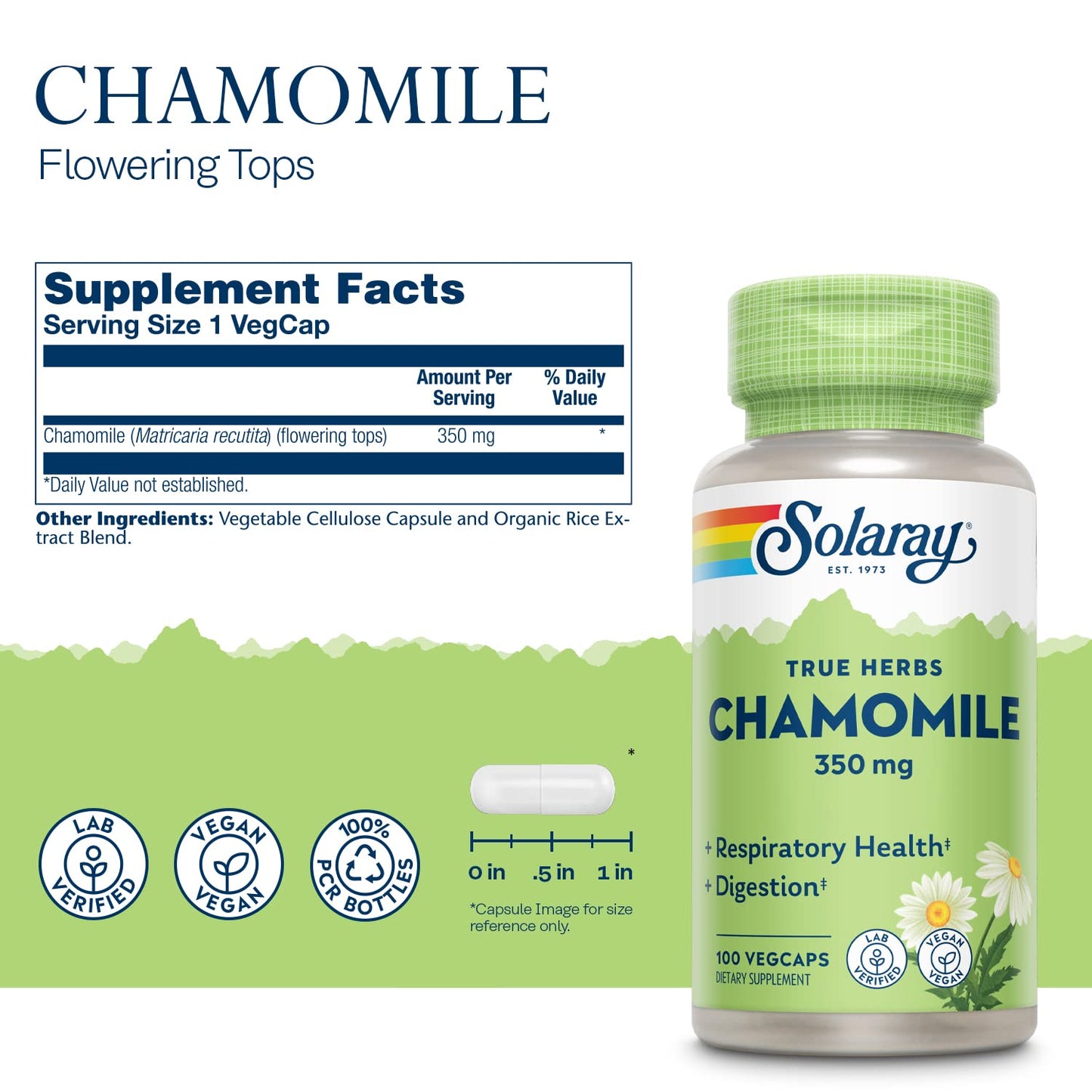 Solaray Chamomile 100 vegetarian capsules supplement facts and ingredient list label