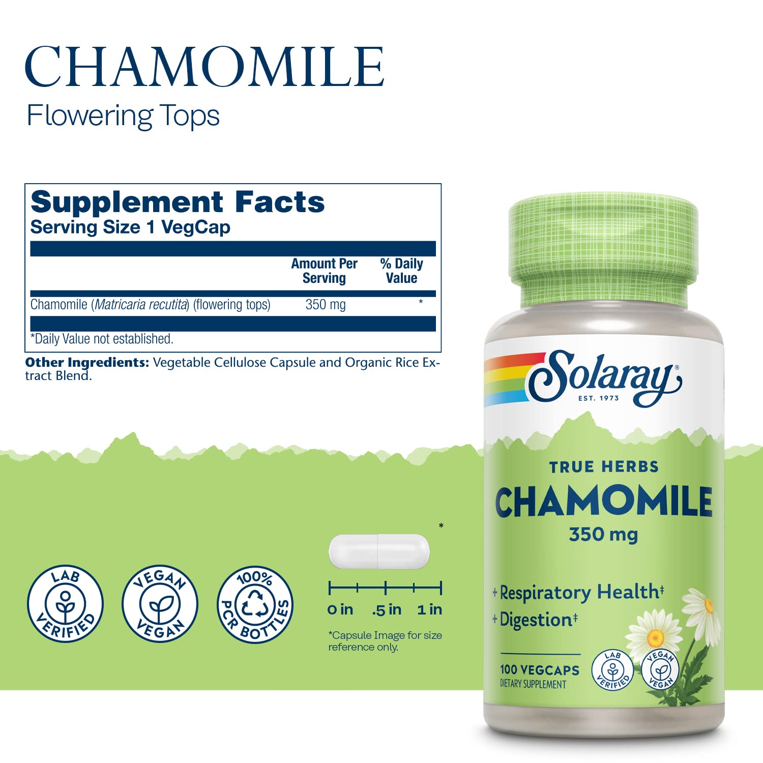Solaray Chamomile 100 vegetarian capsules supplement facts and ingredient list label