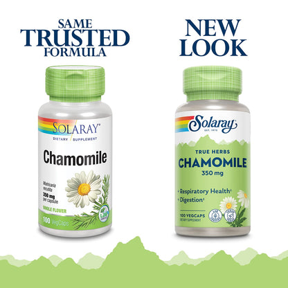 Authentic Solaray Chamomile 350mg dietary supplement bottle showing laboratory verified seal