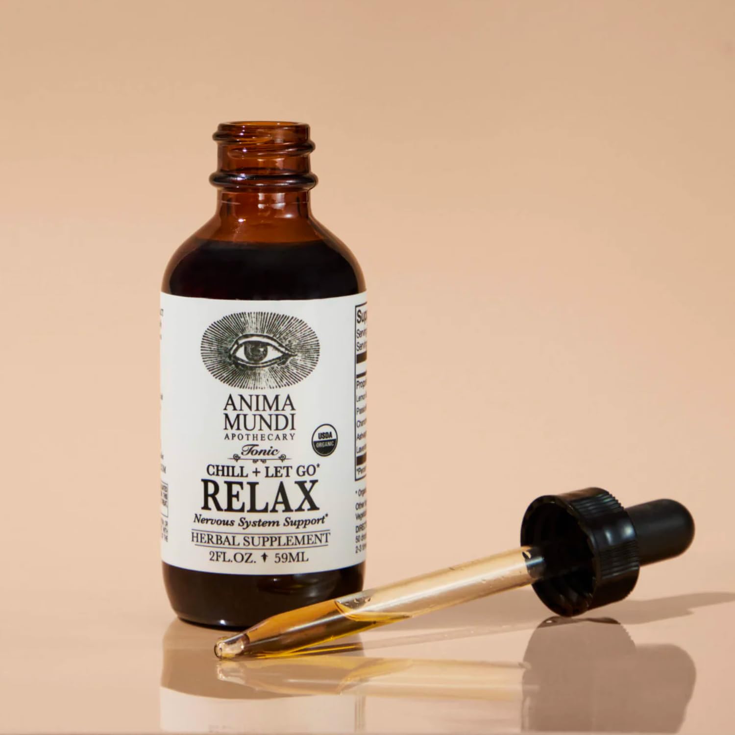 Two fluid ounces bottle of Anima Mundi stress relief liquid supplement with ashwagandha