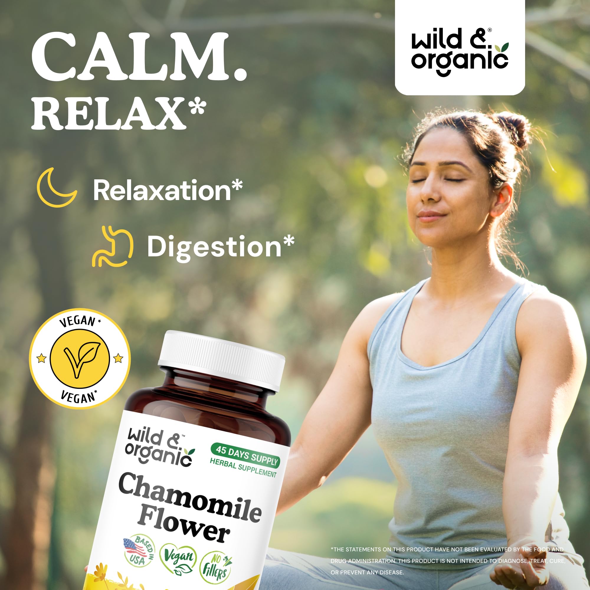 Wild & Organic Chamomile 90 vegan capsules supplement facts and ingredient list side view