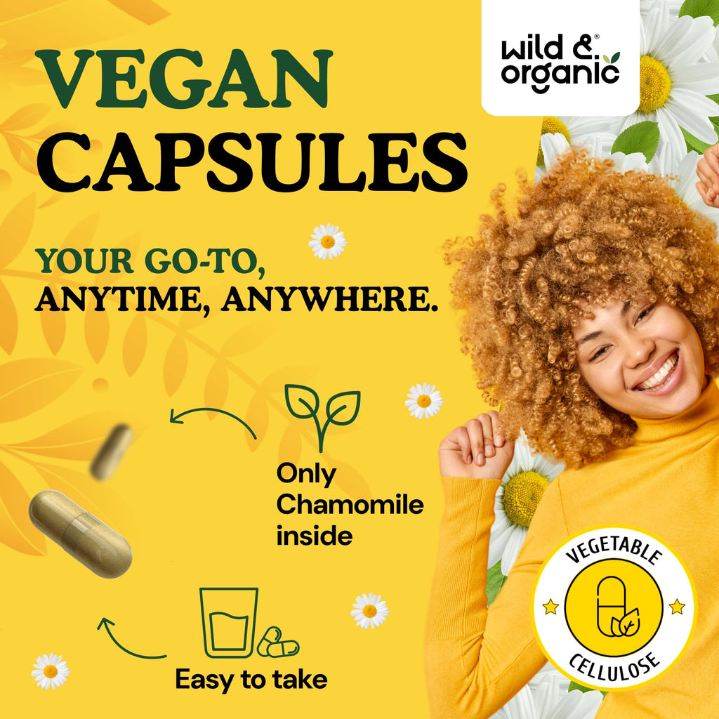 Wild & Organic non-GMO plant based chamomile herbal supplement bottle angle view