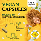 Wild & Organic non-GMO plant based chamomile herbal supplement bottle angle view