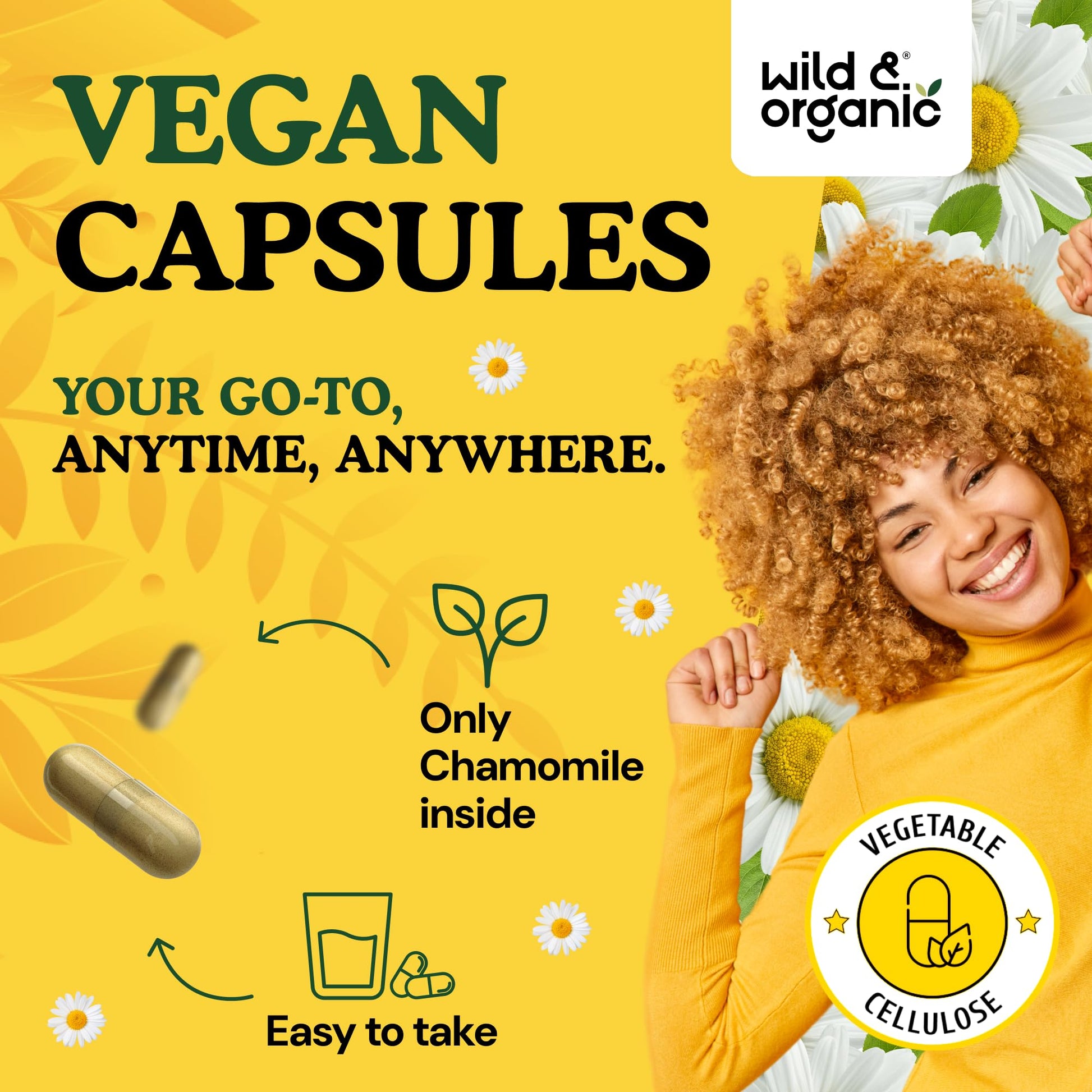 Wild & Organic non-GMO plant based chamomile herbal supplement bottle angle view