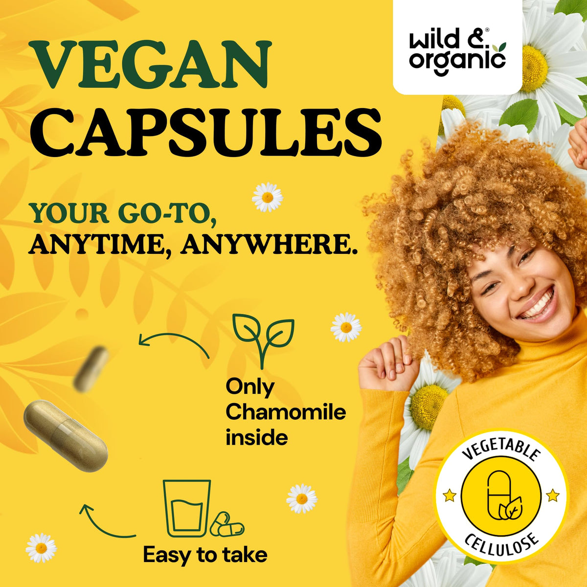 Wild & Organic non-GMO plant based chamomile herbal supplement bottle angle view