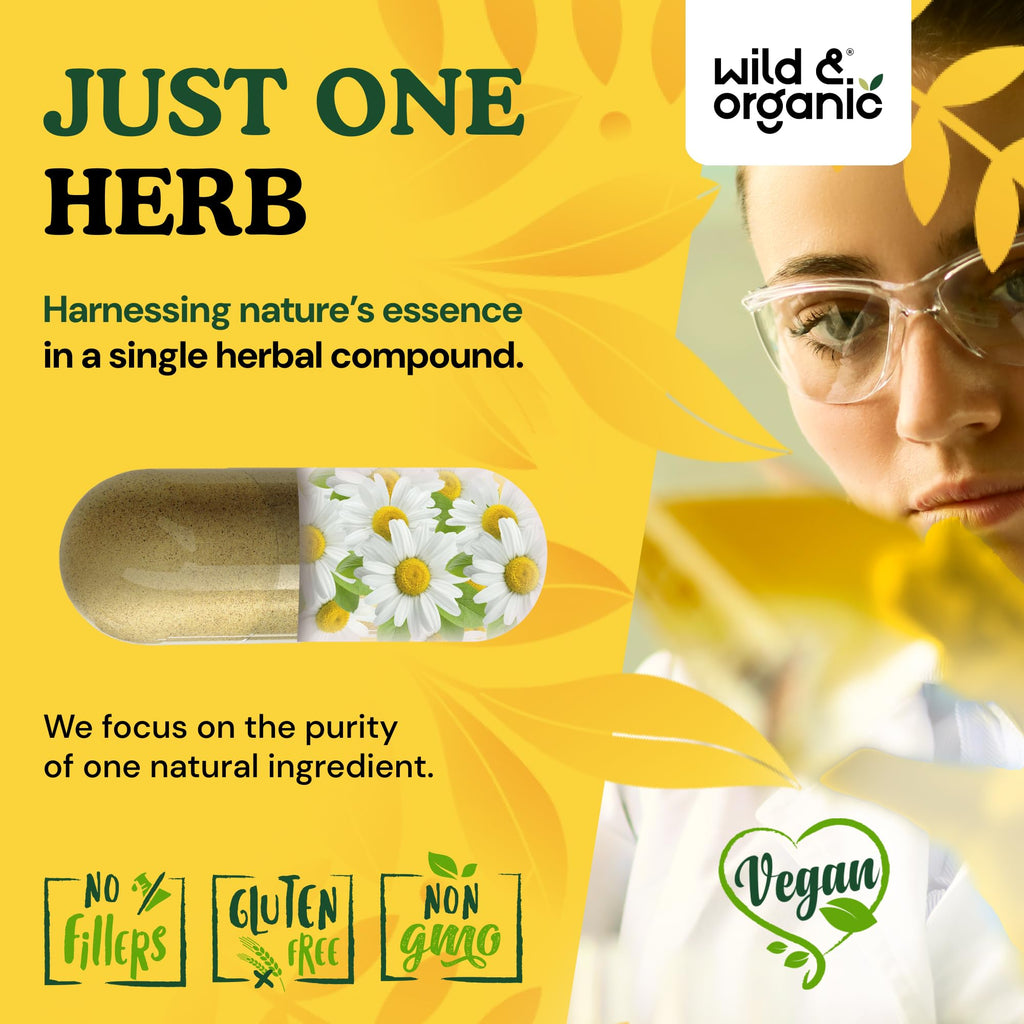 Close up of 800mg chamomile relaxation capsules container with clean label details