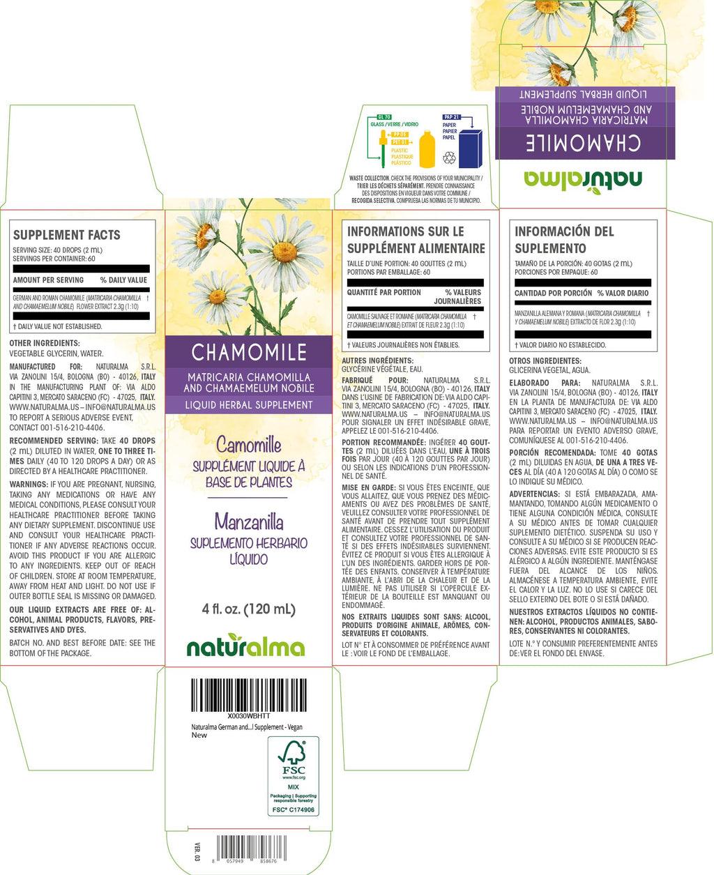 Naturalma alcohol free chamomile liquid extract bottle showing clear ingredients label