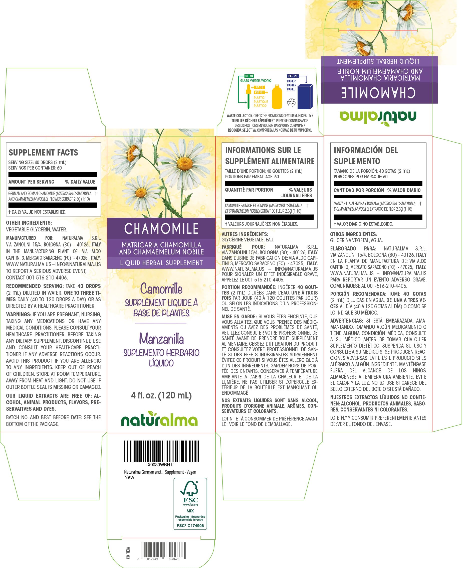 Naturalma alcohol free chamomile liquid extract bottle showing clear ingredients label