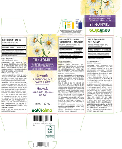 Naturalma alcohol free chamomile liquid extract bottle showing clear ingredients label