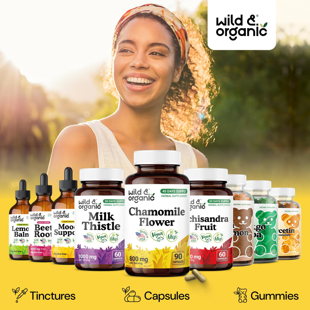 Authentic Wild & Organic chamomile dietary supplement bottle showing 45 day supply