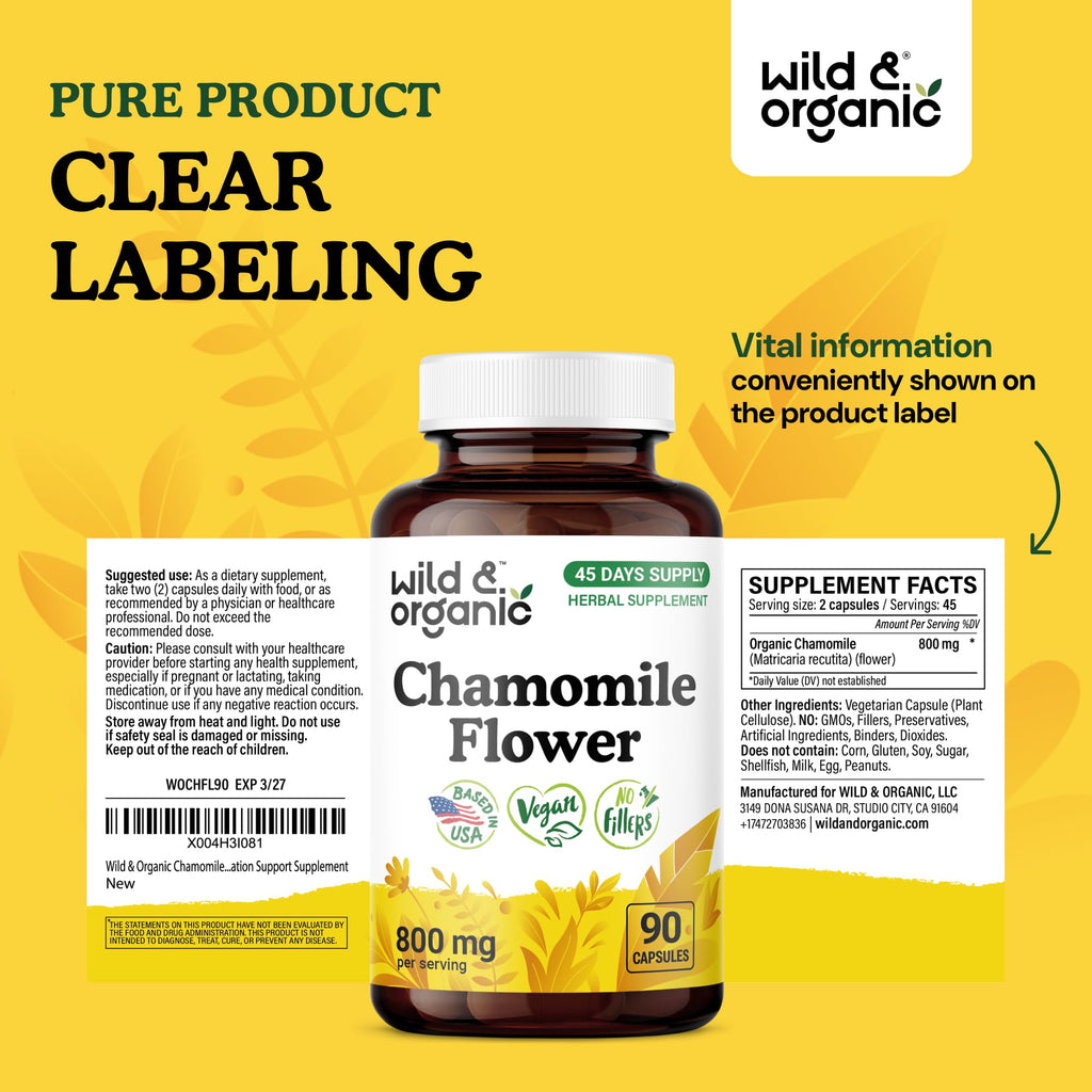 Wild & Organic Chamomile Matricaria recutita flower extract capsules for daily wellness