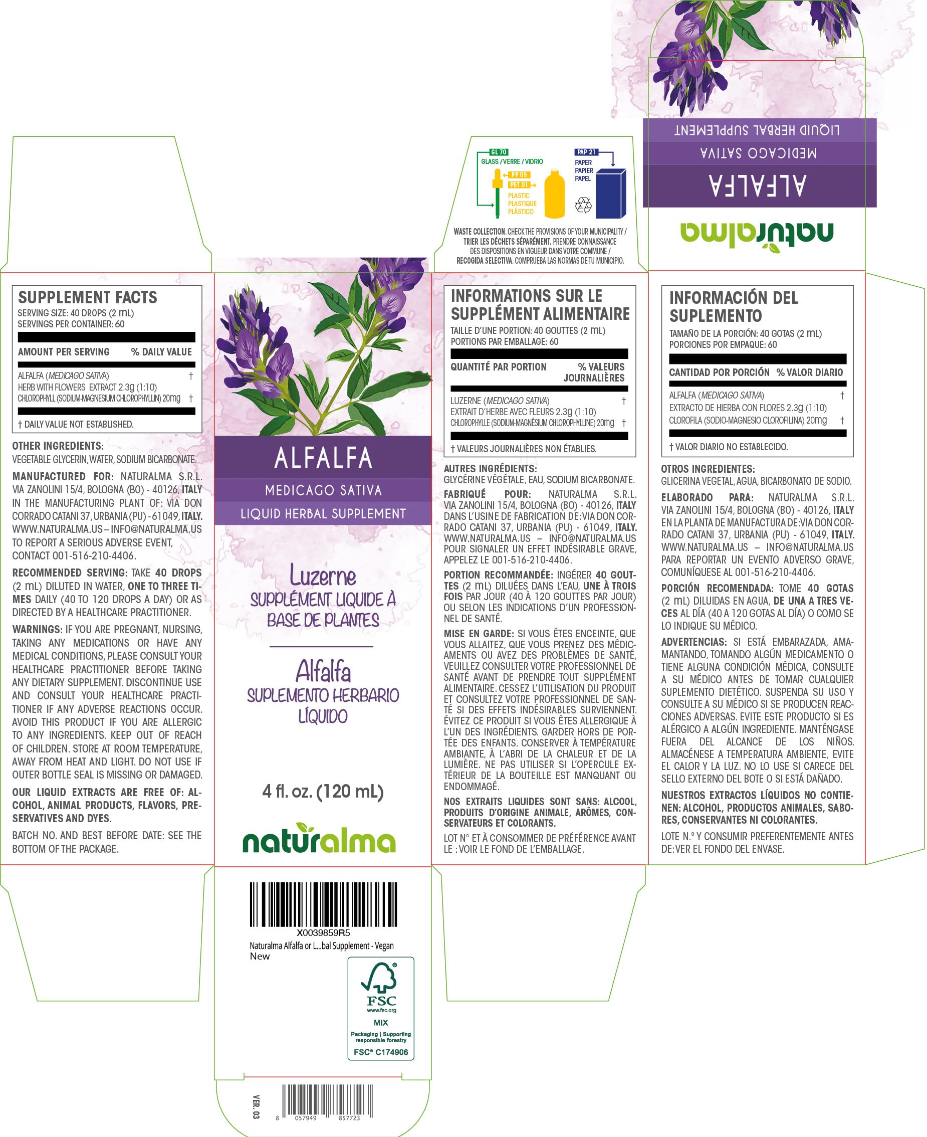 Naturalma Alfalfa liquid supplement packaging details