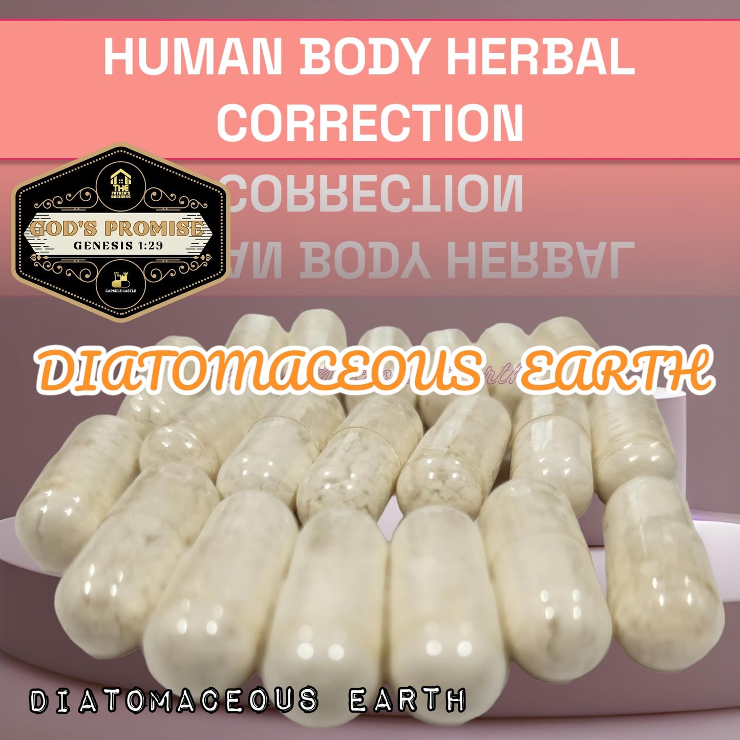 Close up of Gods Promise Diatomaceous Earth supplement bottle