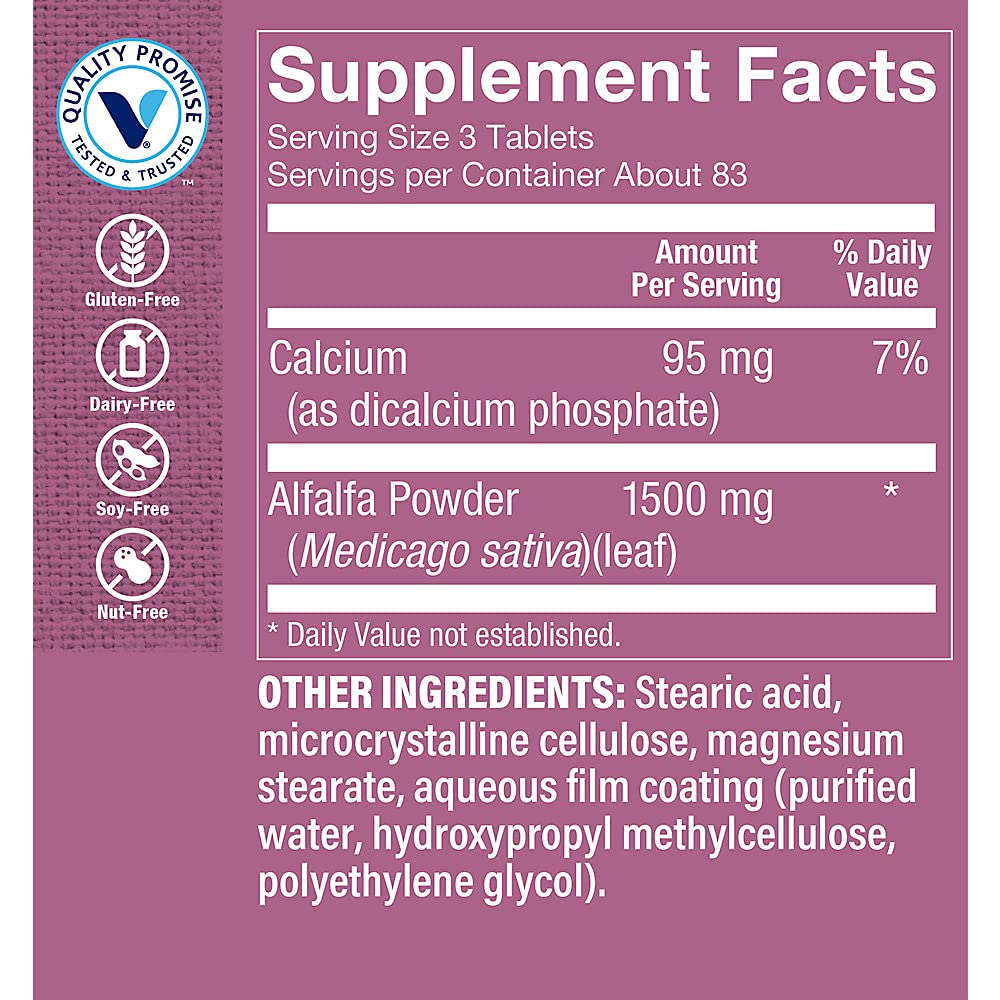 The Vitamin Shoppe Alfalfa 250 tablets supplement bottle label details