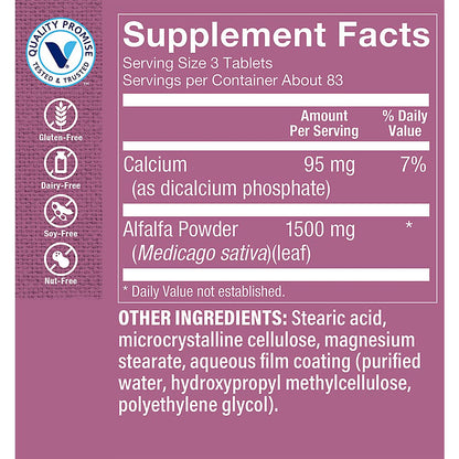 The Vitamin Shoppe Alfalfa 250 tablets supplement bottle label details