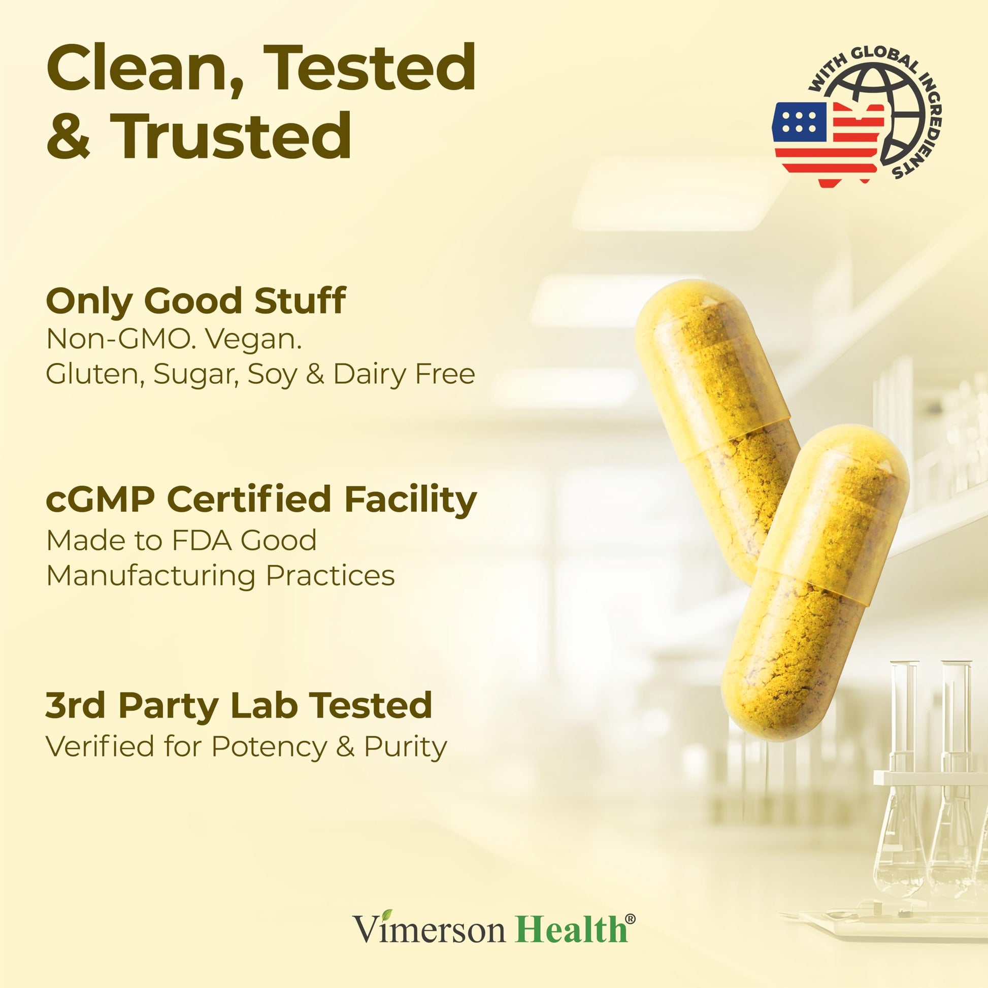 Side view of non-GMO vegan joint and sleep support capsules bottle with quality standards symbols