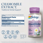 Solaray standardized chamomile capsules label details showing 2 percent apigenin content.