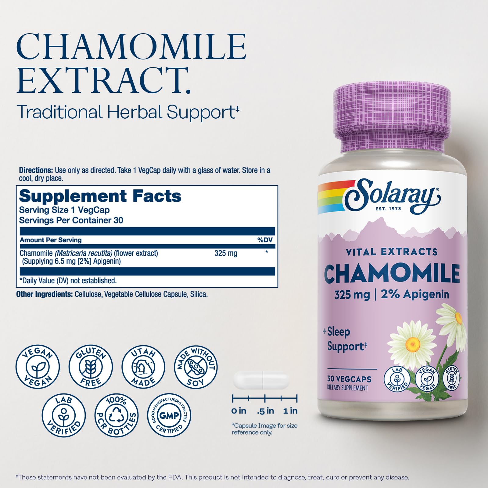 Solaray standardized chamomile capsules label details showing 2 percent apigenin content.