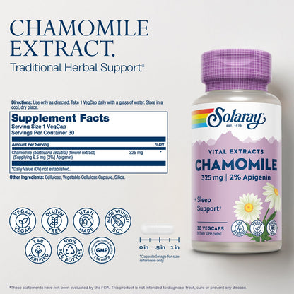 Solaray standardized chamomile capsules label details showing 2 percent apigenin content.