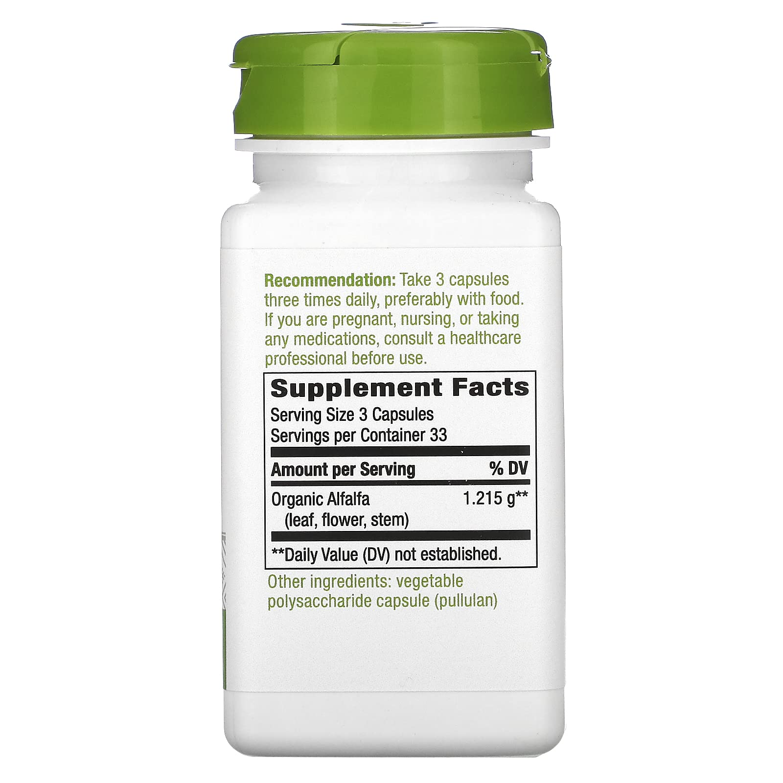 Nature's Way Alfalfa dietary supplement vegan capsules bottle label detail