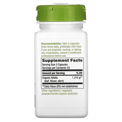Nature's Way Alfalfa dietary supplement vegan capsules bottle label detail