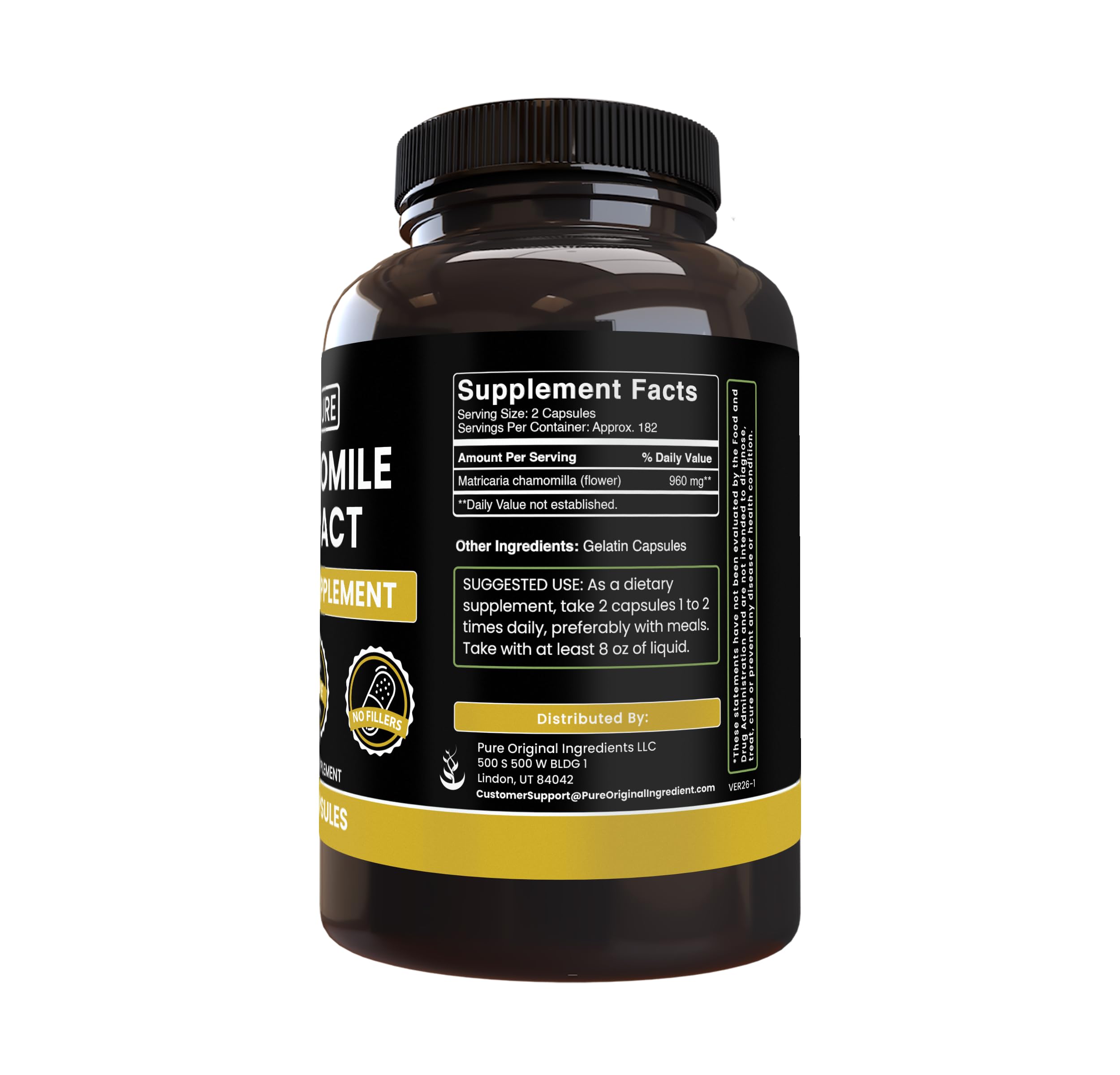 Pure Original Ingredients Chamomile Extract supplement bottle side view showing clean label