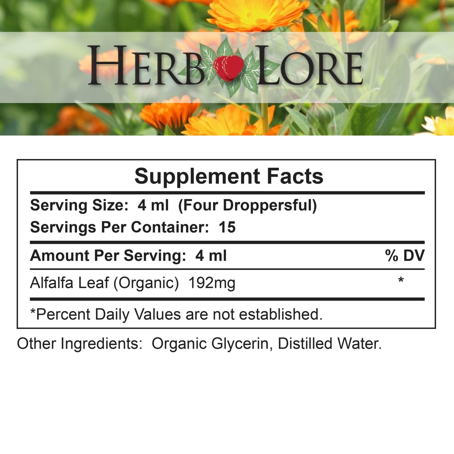 Certified organic alfalfa leaf tincture bottle
