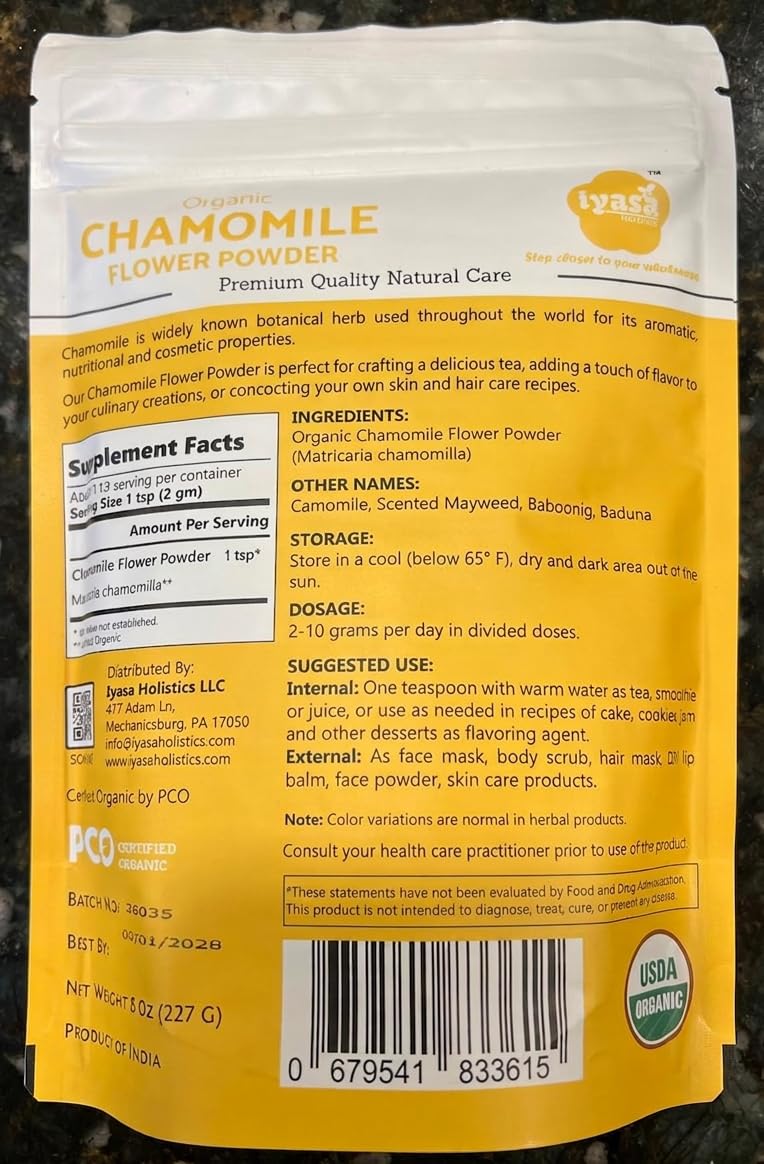 Finely milled greenish beige chamomile powder displayed next to the authentic packaging.