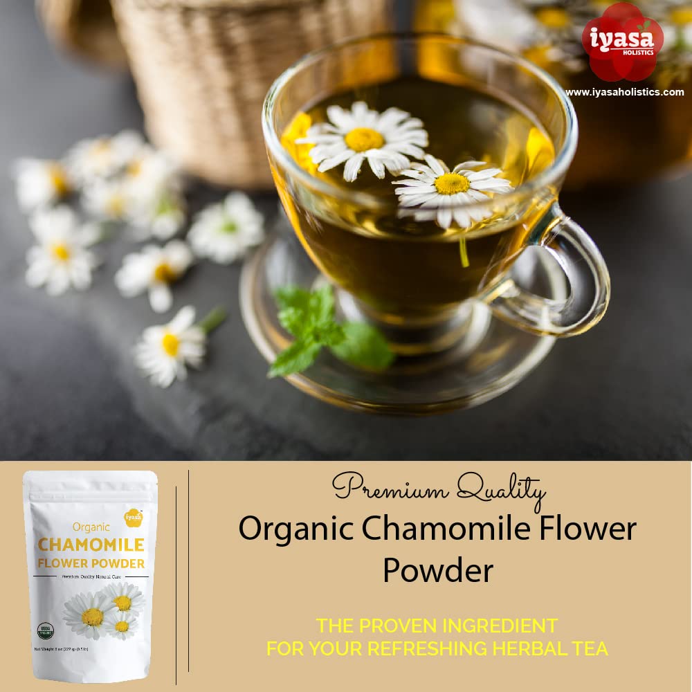 Hot cup of freshly brewed herbal tea made from dissolved organic chamomile flower powder.