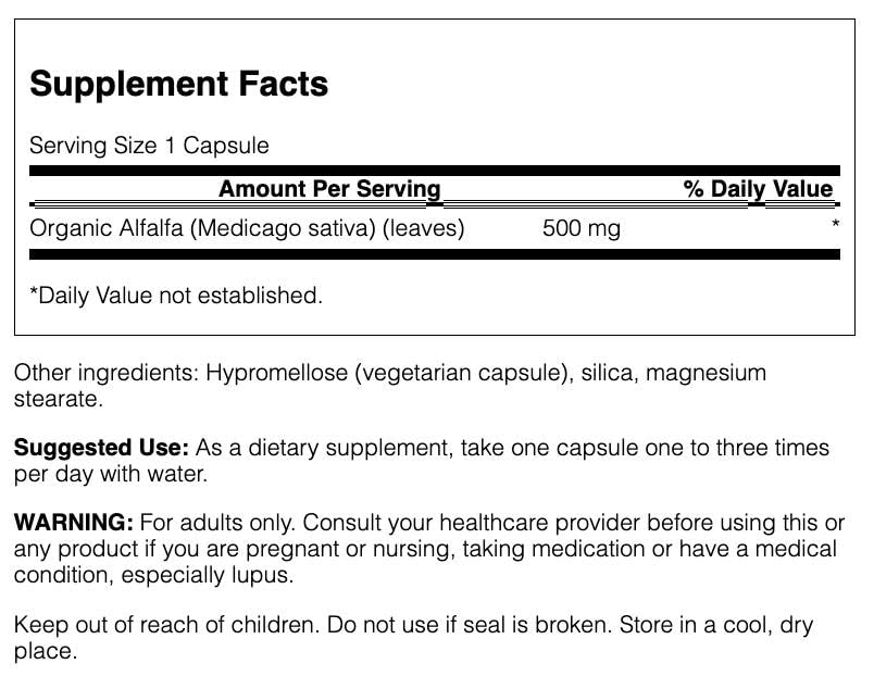 Close up of Swanson Alfalfa supplement bottle label