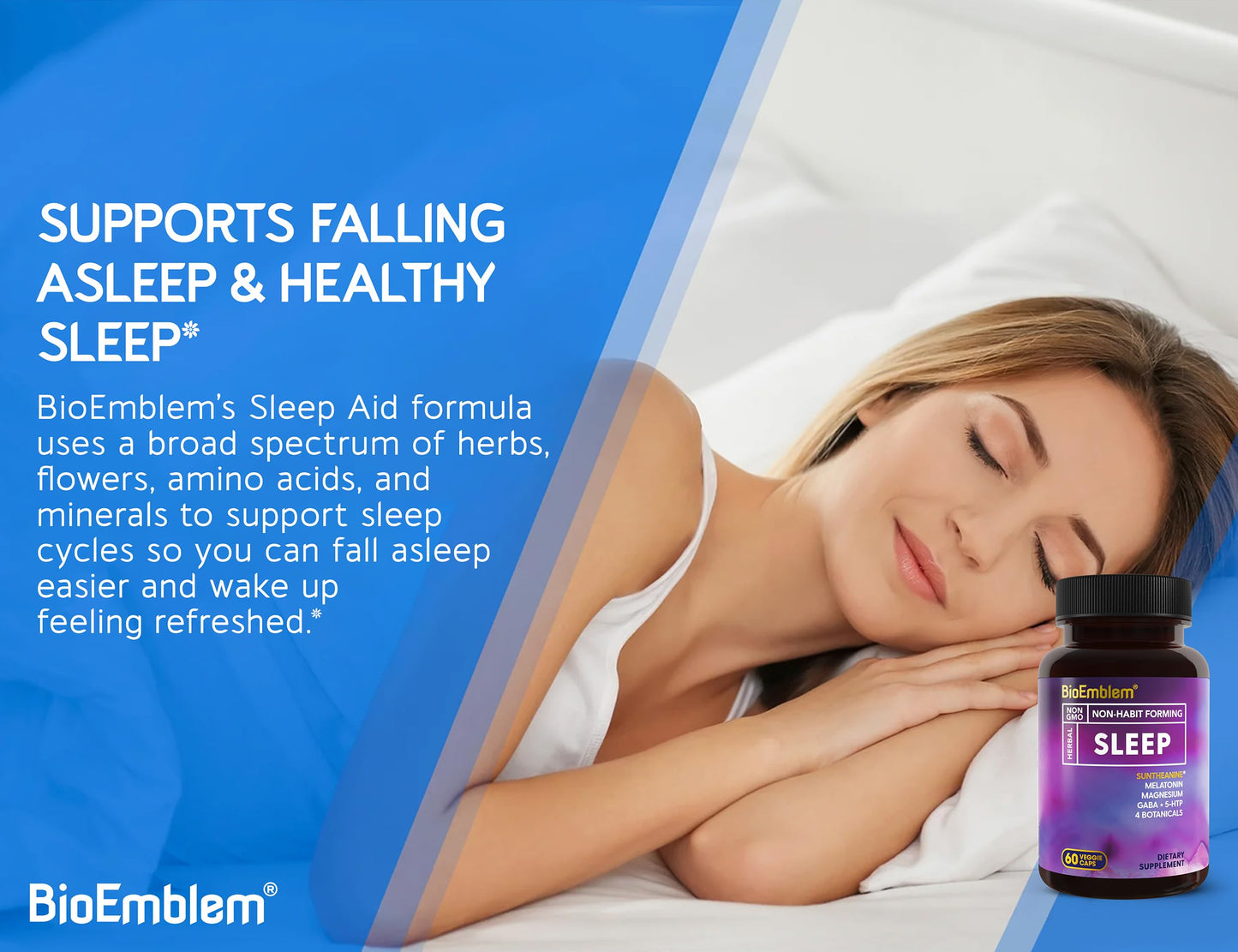 BioEmblem non habit forming sleeping pills packaging showcasing cGMP certified manufacturing seals