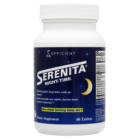 Serenita melatonin and herbal blend dietary supplement label detailing non habit forming ingredients.