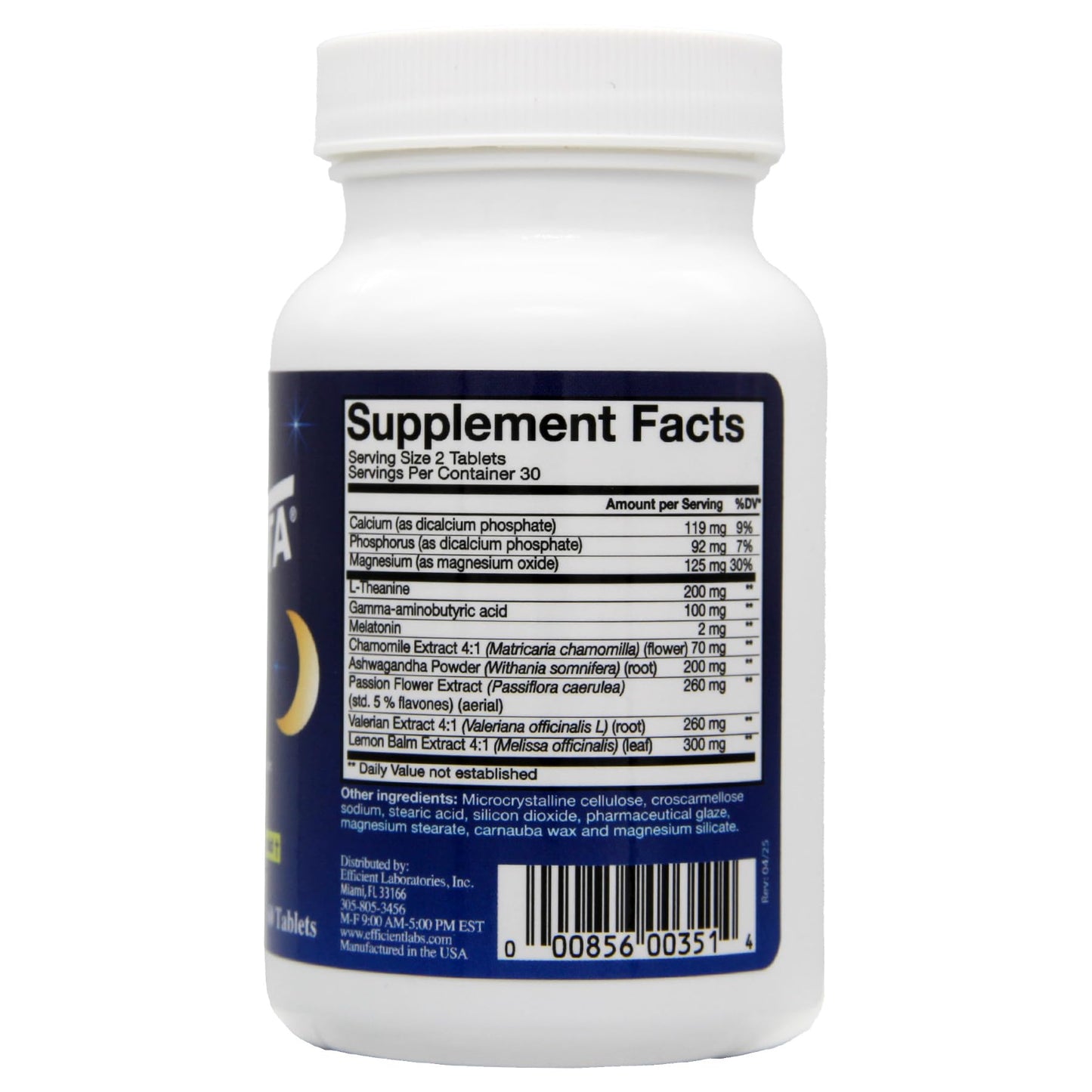 Authentic USA imported Serenita relaxation tablets showing detailed supplement facts and directions.