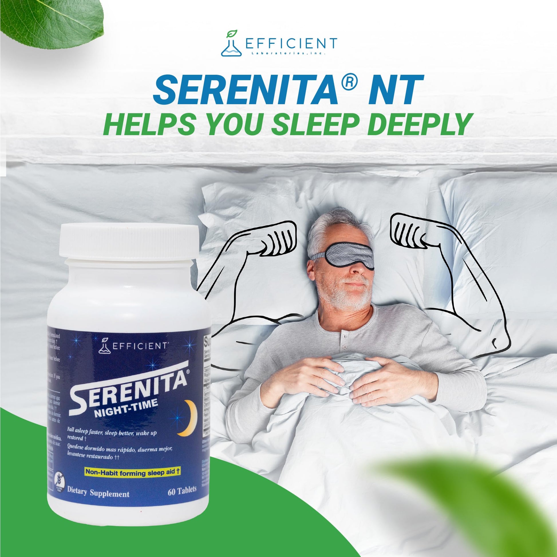 Serenita night time sleep supplement bottle alongside natural calming herbs like chamomile and valerian.