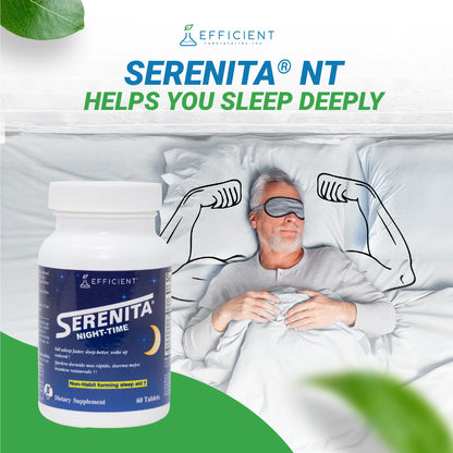 Serenita night time sleep supplement bottle alongside natural calming herbs like chamomile and valerian.