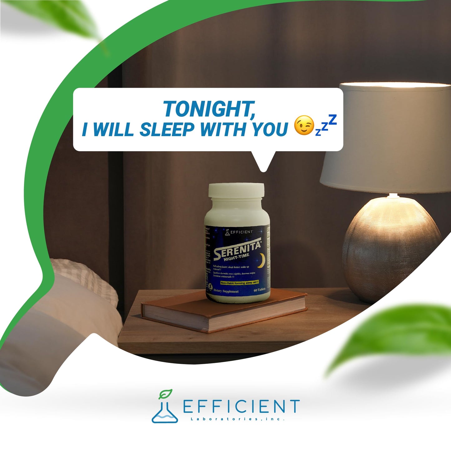 Serenita sleep aid packaging highlighting the melatonin content and stress relief properties.