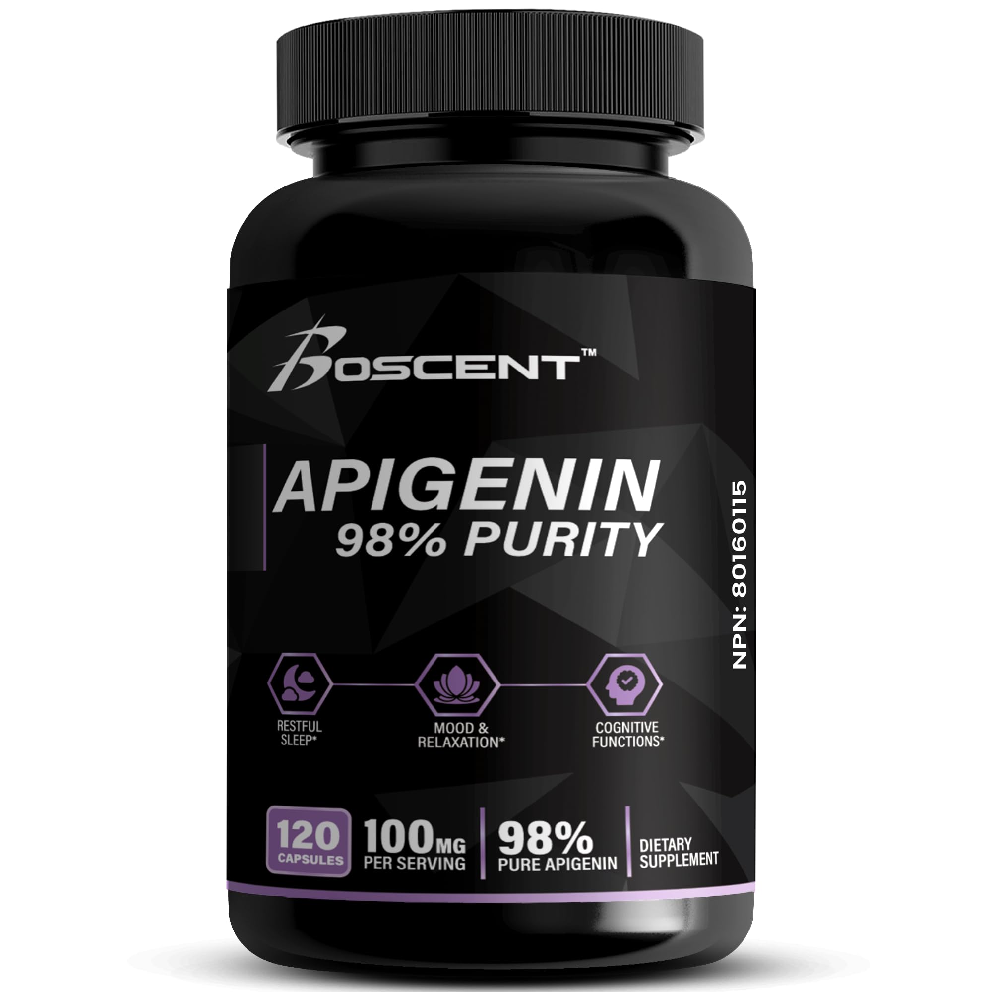 BOSCENT Apigenin 100mg 120 capsules side view supplement facts panel