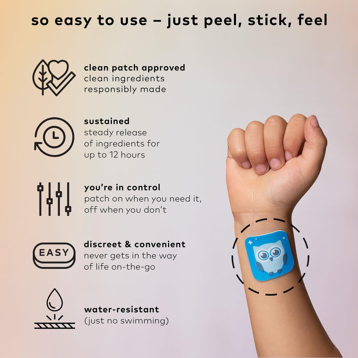 The Good Patch Nite Owl plant powered relaxation patches for kids back packaging details
