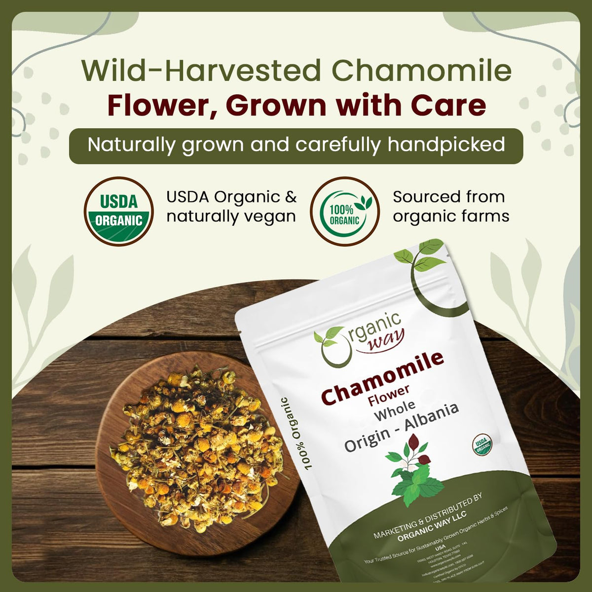 Organic Way loose leaf herbal tea packaging showcasing the Albania origin information.