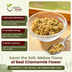 Close up view of premium European wild harvest dried chamomile flowers for brewing.