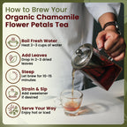 Resealable sixteen ounce bag of Organic Way chamomile flowers standing upright.
